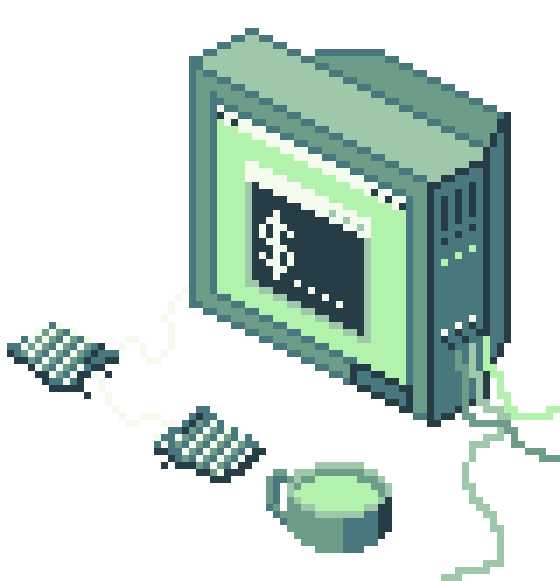 pixel art of a computer, a keyboard, and a large cup of tea.